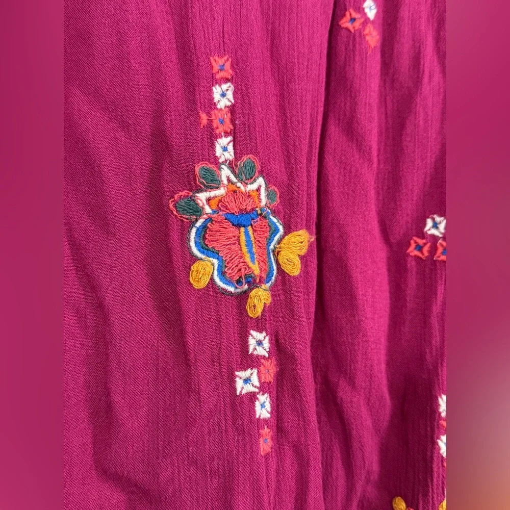 Free People Dress Burgundy Backless Embroidery Floral Long Sleeve Pocket Women M - Picture 6 of 10